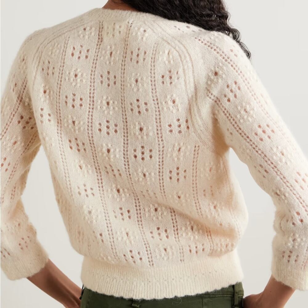 Doen Emiliana Alpaca Wool Pointelle Crewneck 3/4 Sleeve Knit Sweater Top Ivory - Picture 4 of 11